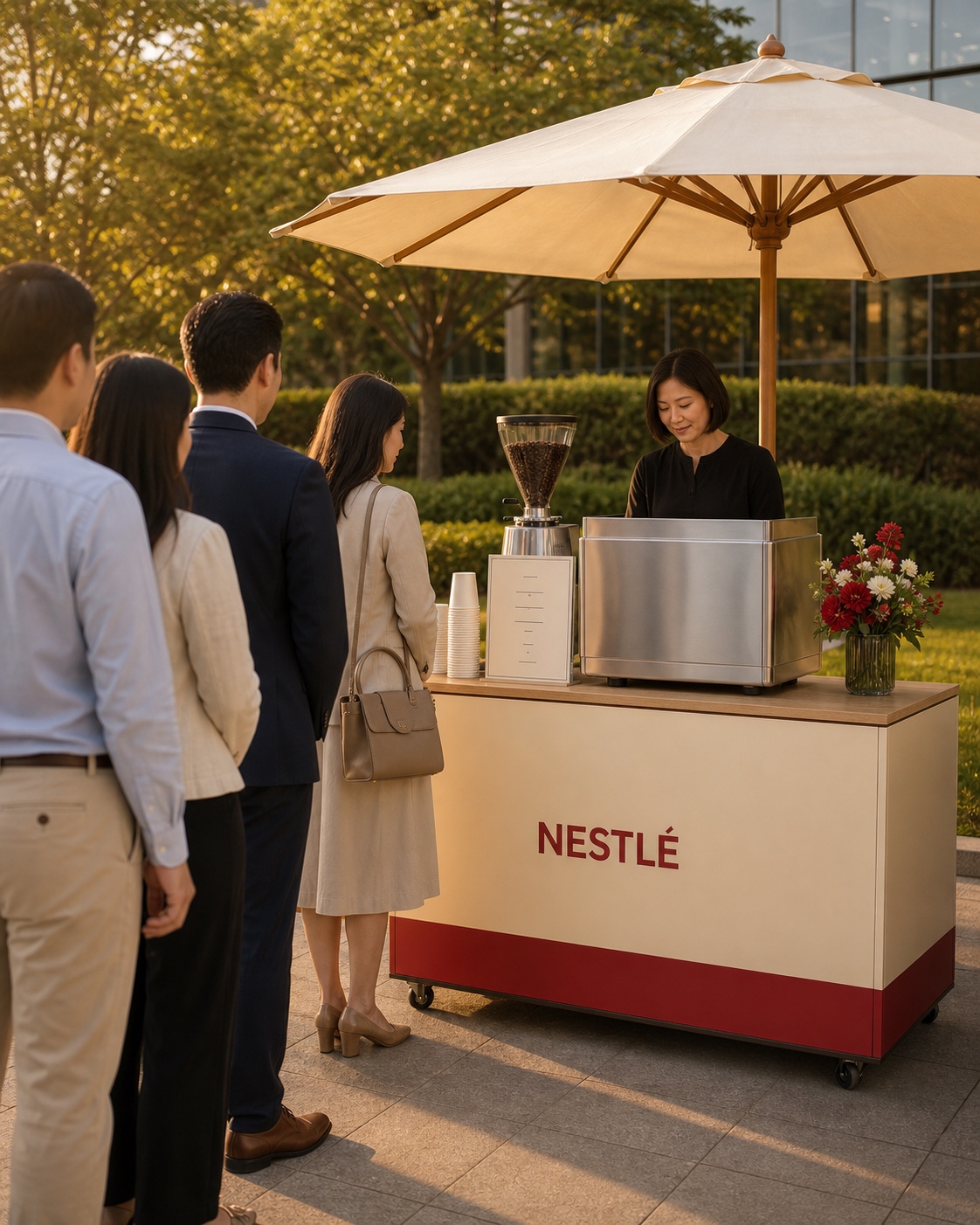 Projection d'un coffee bar Nestlé sous parasol
