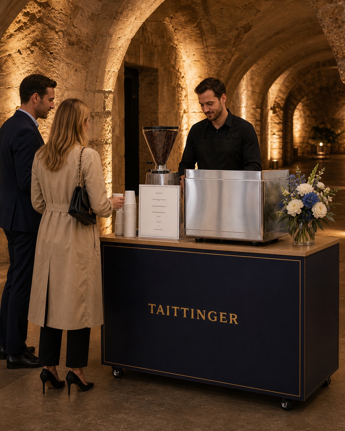 Projection d'un coffee bar Taittinger dans une cave de réception